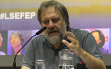 Slavoj Zizek speaks at The London School of Economics, April 20, 2016. (Ray Tang/Anadolu Agency/Getty Images via JTA)