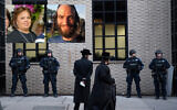 New York City police guard a Brooklyn synagogue prior to a funeral for Moshe Deutsch, December 11, 2019. Insert: Jersey City synagogue shooting victims Leah Mindel Ferencz, left, and Moshe Deutsch, right. (AP Photo/Mark Lennihan/courtesy)
