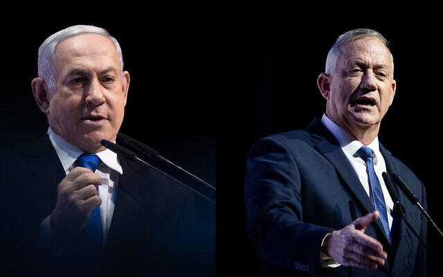This composite photo shows Prime Minister Benjamin Netanyahu, left, and Blue and White party chief, Benny Gantz, right, speaking separately at a media conference in Jerusalem, December 8, 2019. (Yonatan Sindel/Hadash Parush/Flash90) This composite photo shows Prime Minister Benjamin Netanyahu, left, and Blue and White party chief, Benny Gantz, right, speaking separately at a media conference in Jerusalem, December 8, 2019. (Yonatan Sindel/Hadash Parush/Flash90)