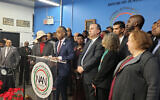 The Rev. Al Sharpton and Rabbi Marc Schneier, president of the Foundation for Ethnic Understanding, talk to reporters after a meeting with African-American clergy and civil rights leaders to condemn the attacks on Jews in New York in recent weeks. (Courtesy of the Foundation For Ethnic Understanding via JTA)