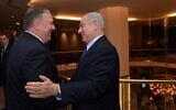 US Secretary of State Mike Pompeo, left, and Prime Minister Benjamin Netanyahu meet in Lisbon, Portugal, December 4, 2019. (Kobi Gideon/GPO)