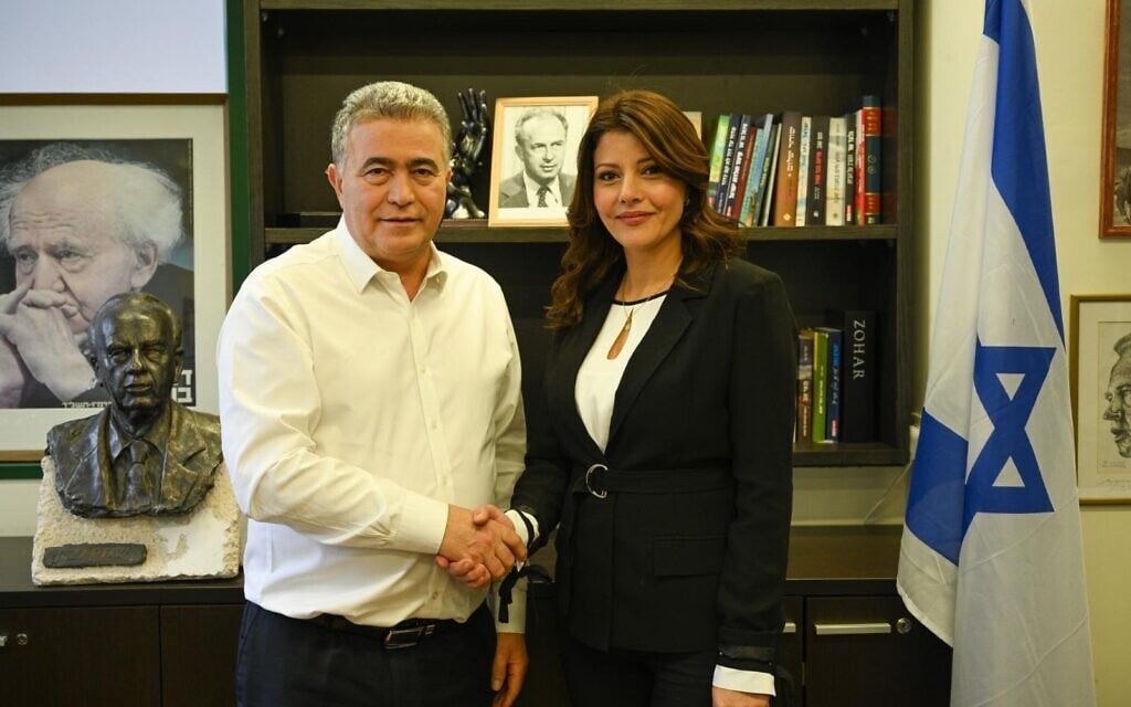 Labor party head Amir Peretz, left, and Gesher party chair Orly Levy-Abekasis, right, announce they will again run together in parliamentary elections in March 2020, on December 15, 2019. (Courtesy Labor-Gesher) Labor party head Amir Peretz, left, and Gesher party chair Orly Levy-Abekasis, right, announce they will again run together in parliamentary elections in March 2020, on December 15, 2019. (Courtesy Labor-Gesher)