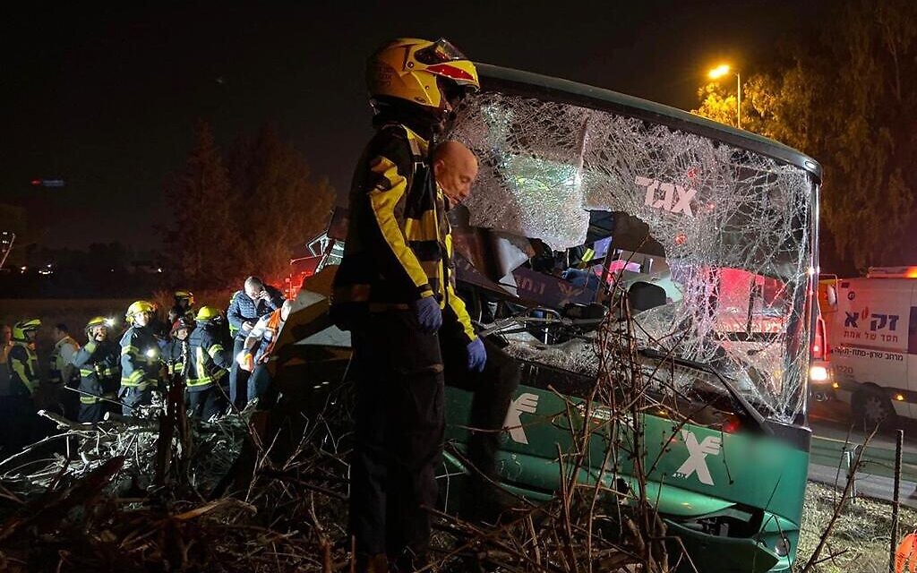 Emergency services at the site of a deadly bus crash on Highway 40 near Ben Gurion Airport, December 22, 2019. (Magen David Adom) Emergency services at the site of a deadly bus crash on Highway 40 near Ben Gurion Airport, December 22, 2019. (Magen David Adom)