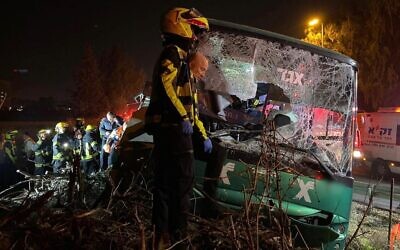 Emergency services at the site of a deadly bus crash on Highway 40 near Ben Gurion Airport, December 22, 2019. (Magen David Adom) Emergency services at the site of a deadly bus crash on Highway 40 near Ben Gurion Airport, December 22, 2019. (Magen David Adom)