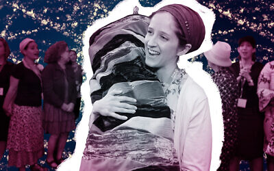 Rabbanit Jenna Englender dances with the Torah during her graduation ceremony from Yeshivat Maharat in New York, June 17, 2019. (Shulamit Seidler-Feller/Maharat; photo illustration by Grace Yagel/ JTA)