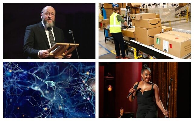 Clockwise from top left: British Chief Rabbi Ephraim Mirvis (AP/Chris Jackson); An Amazon fulfillment center in Aurora, Colorado (AP Photo/David Zalubowski); Tiffany Haddish in her 2019 Netflix comedy special, ‘Black Mitzvah,’ (Courtesy Netflix); An illustrative image of neurons, or brain cells (whitehoune; iStock by Getty Images).