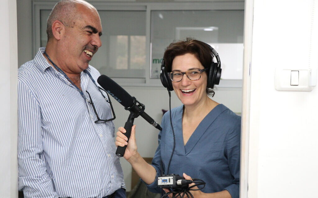 Dina Kraft interviewing Sami Saadi, co-CEO of Tsofen, in Nazareth, November 2019, for the 15th episode of her Hadassah podcast, 'The Branch.' (Courtesy Mitchell Coopersmith) Dina Kraft interviewing Sami Saadi, co-CEO of Tsofen, in Nazareth, November 2019, for the 15th episode of her Hadassah podcast, 'The Branch.' (Courtesy Mitchell Coopersmith)