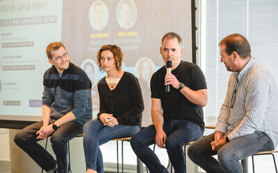 Right to left: Qumra Capital growth fund managing partner Erez Shachar, Fiverr's Micha Kaufman; Eynat Guez, CEO of Papaya Global and Yuval Kaminka, co-founder and CEO of JoyTunes, Tel Aviv December 30, 2019 (Yarin Teranos)