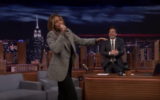 Tiffany Haddish (L) singing on "The Tonight Show" on December 1, 2019. (Screenshot from YouTube via JTA)