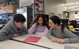 Students in an eighth-grade Hebrew class at Alan B. Shepard Middle School in Deerfield, Illinois, write a Hebrew screenplay together, December 13, 2019. (Ben Sales/JTA)