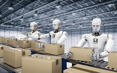 Illustrative image of robots working with carton boxes on a conveyor belt (PhonlamaiPhoto; iStock by Getty Images)