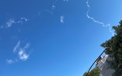 Trails left behind by the launch of a rocket from a base in central Israel as part of a test on December 6, 2019. (Courtesy)