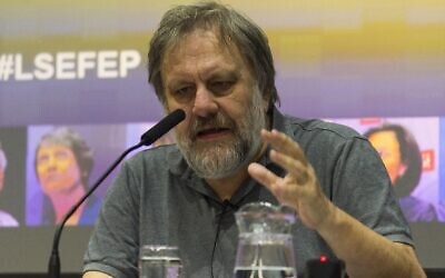 Slavoj Zizek speaks at the London School of Economics, April 20, 2016. (Ray Tang/Anadolu Agency/Getty Images/via JTA)