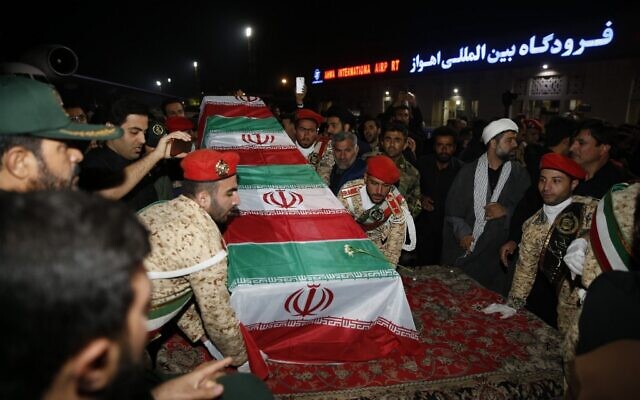Military personnel carry the casket of Iranian commander Qassem Soleimani upon arrival at Ahvaz International Airport in Iran on January 5, 2020. (HOSSEIN MERSADI/Fars News/AFP) Military personnel carry the casket of Iranian commander Qassem Soleimani upon arrival at Ahvaz International Airport in Iran on January 5, 2020. (HOSSEIN MERSADI/Fars News/AFP)
