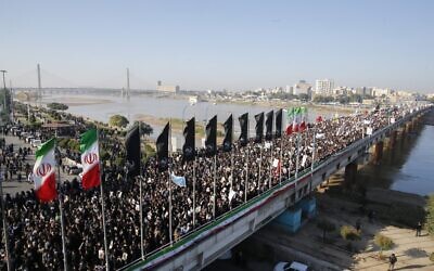 Iranians march in the streets of the northwestern city of Ahvaz to pay homage to top general Qassem Soleimani, who was killed in a US strike in Baghdad, on January 5, 2020. (HOSSEIN MERSADI/Fars News/AFP)