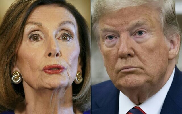 This file combination of pictures created on September 24, 2019 shows US Speaker of the House Nancy Pelosi, left, a California Democrat, on September 24, 2019 and US President Donald Trump in Washington, DC, September 20, 2019. (Mandel Ngan and Saul Loeb/AFP) This file combination of pictures created on September 24, 2019 shows US Speaker of the House Nancy Pelosi, left, a California Democrat, on September 24, 2019 and US President Donald Trump in Washington, DC, September 20, 2019. (Mandel Ngan and Saul Loeb/AFP)