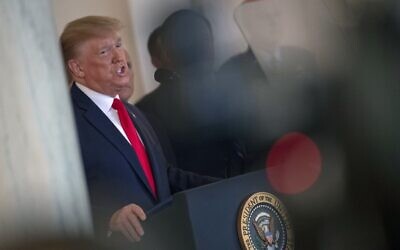 US President Donald Trump speaks about the situation with Iran in the Grand Foyer of the White House in Washington, DC, January 8, 2020. (Eric Baradat/AFP)