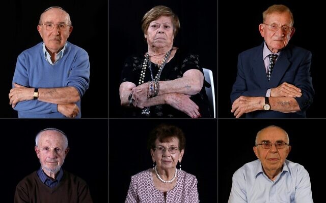 This combination of pictures created on January 11, 2020 shows (Top L to R) Holocaust survivors Szmul Icek, Malka Zaken, 91, Shmuel Blumenfeld, 94, (bottom L to R) Saul Oren, Batcheva Dagan, and Menahem Haberman, 92 (MENAHEM KAHANA / AFP)