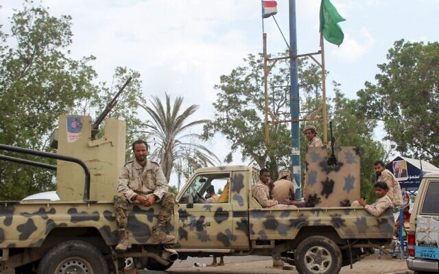 Illustrative: Members of Yemen's southern separatist-dominated Security Belt Forces stand guard during a meeting of the Southern Transitional Council (STC) in the southwestern coastal city of Aden, on January 13, 2020. (Saleh Al-OBEIDI / AFP)