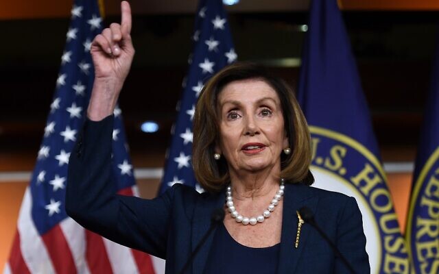 US Speaker of the House Nancy Pelosi, Democrat of California, speaks during her weekly press briefing on Capitol Hill, January 16, 2020, in Washington, DC. (OLIVIER DOULIERY / AFP) US Speaker of the House Nancy Pelosi, Democrat of California, speaks during her weekly press briefing on Capitol Hill, January 16, 2020, in Washington, DC. (OLIVIER DOULIERY / AFP)