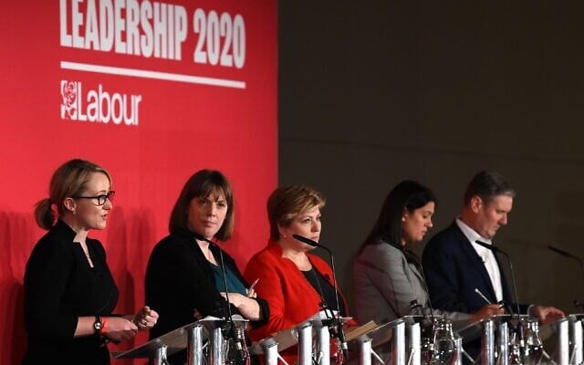 (L-R) British Labour leadership candidates, Rebecca Long-Bailey, Jess Phillips, Emily Thornberry, Lisa Nandy and Keir Starmer are seen on stage during the Leader hustings event in Liverpool, England, on January 18, 2020. (Paul Ellis/AFP) (L-R) British Labour leadership candidates, Rebecca Long-Bailey, Jess Phillips, Emily Thornberry, Lisa Nandy and Keir Starmer are seen on stage during the Leader hustings event in Liverpool, England, on January 18, 2020. (Paul Ellis/AFP)