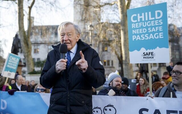 Lord Alf Dubs speaks at a protest to demand protection for rights for refugee children, in Parliament Square in London on January 20, 2020. (Tolga Akemn/AFP) Lord Alf Dubs speaks at a protest to demand protection for rights for refugee children, in Parliament Square in London on January 20, 2020. (Tolga Akemn/AFP)
