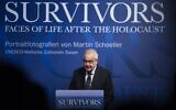 Holocaust survivor Naftali Fuerst speaks at the opening of the exhibition "Survivors - Faces of Life after the Holocaust" by German photographer Martin Schoeller on Holocaust survivors at the Ruhr Museum in Essen, Germany on January 21, 2020. (Photo by INA FASSBENDER / AFP)