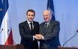 French President Emmanuel Macron (L) and President Reuven Rivlin at a press conference in Jerusalem on January 22, 2020. (Jacques Witt/Pool/AFP)