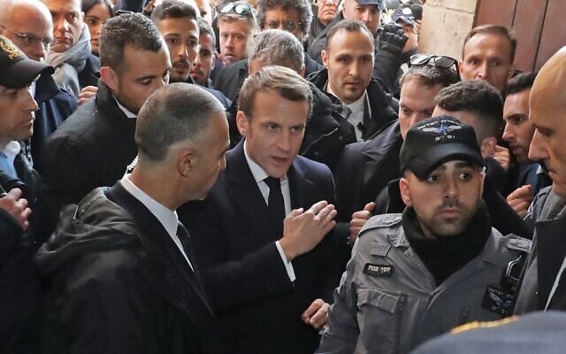 French President Emmanuel Macron asks Israeli police to leave the 12th-century Church of Saint Anne in the Old City of Jerusalem on January 22, 2020. (Ludovic Marin/AFP) French President Emmanuel Macron asks Israeli police to leave the 12th-century Church of Saint Anne in the Old City of Jerusalem on January 22, 2020. (Ludovic Marin/AFP)