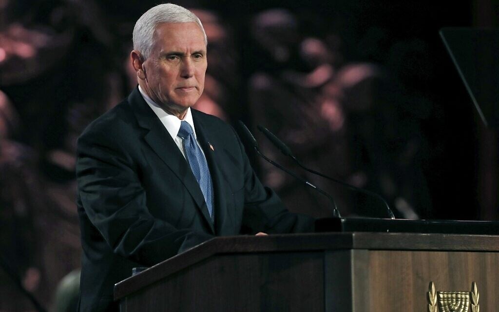 US Vice President Mike Pence delivers a speech during the Fifth World Holocaust Forum at the Yad Vashem Holocaust memorial museum in Jerusalem on January 23, 2020. (Ronen Zvulun/Pool/AFP) US Vice President Mike Pence delivers a speech during the Fifth World Holocaust Forum at the Yad Vashem Holocaust memorial museum in Jerusalem on January 23, 2020. (Ronen Zvulun/Pool/AFP)