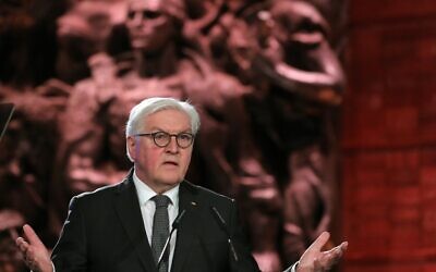 German President Frank-Walter Steinmeier delivers a speech during the Fifth World Holocaust Forum at the Yad Vashem Holocaust memorial museum in Jerusalem on January 23, 2020. (ABIR SULTAN / POOL / AFP)