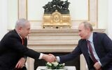 Russian President Vladimir Putin  (right) meets with Prime Minister Benjamin Netanyahu at the Kremlin in Moscow on January 30, 2020. (MAXIM SHEMETOV / POOL / AFP)