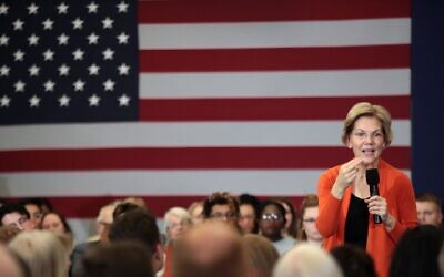 Elizabeth Warren speaks at a campaign stop in Marshalltown, Iowa, Jan. 12, 2020. (Scott Olson/Getty Images via JTA)