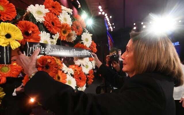 Speaker of the United States House of Representatives Nancy Pelosi lays a wreath during the Fifth World Holocaust Forum in Jerusalem, Israel on January 23, 2020. (Pool/Getty Images via JTA) Speaker of the United States House of Representatives Nancy Pelosi lays a wreath during the Fifth World Holocaust Forum in Jerusalem, Israel on January 23, 2020. (Pool/Getty Images via JTA)