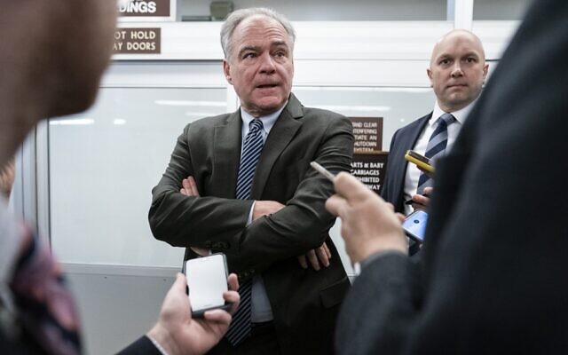 Sen. Tim Kaine (Democrat-Virginia) speaks with reporters in the Senate Subway at the US Capitol in Washington, DC, January 6, 2020. (Drew Angerer/Getty Images/AFP) Sen. Tim Kaine (Democrat-Virginia) speaks with reporters in the Senate Subway at the US Capitol in Washington, DC, January 6, 2020. (Drew Angerer/Getty Images/AFP)