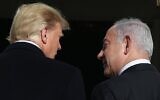 US President Donald Trump (L) welcomes Prime Minister Benjamin Netanyahu at the White House on January 27, 2020, in Washington, DC (Mark Wilson/Getty Images/AFP)