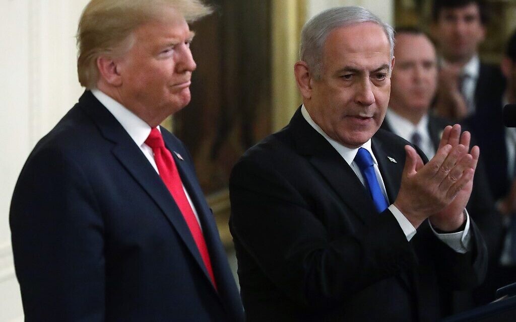 US President Donald Trump and Prime Minister Benjamin Netanyahu (R) attend a press conference in the East Room of the White House on January 28, 2020. (Alex Wong/Getty Images/AFP) US President Donald Trump and Prime Minister Benjamin Netanyahu (R) attend a press conference in the East Room of the White House on January 28, 2020. (Alex Wong/Getty Images/AFP)