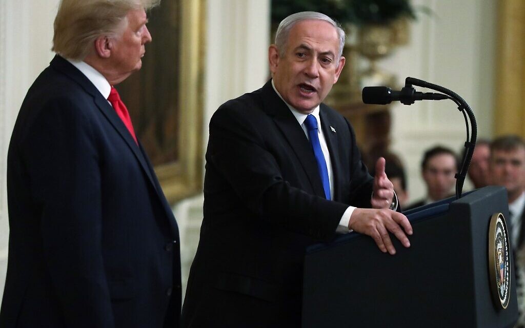 Prime Minister Benjamin Netanyahu (R) speaks during a press conference with US President Donald Trump in the East Room of the White House on January 28, 2020, in Washington. (Alex Wong/Getty Images/AFP) Prime Minister Benjamin Netanyahu (R) speaks during a press conference with US President Donald Trump in the East Room of the White House on January 28, 2020, in Washington. (Alex Wong/Getty Images/AFP)