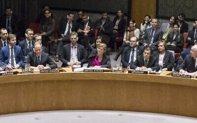 US ambassador Samantha Power signals her country’s abstention in the Security Council vote on Resolution 2334, December 23, 2016 (UN Photo/Evan Schneider)