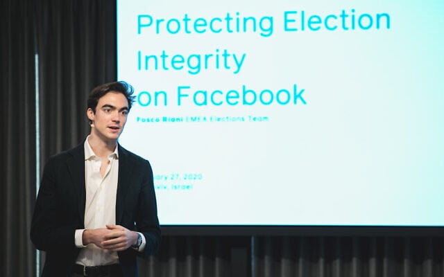 Facebook's Fosco Riani, of the US social network's election team speaking at Facebook offices in Tel Aviv on Jan. 27, 2020 (Tomer Foltyn) Facebook's Fosco Riani, of the US social network's election team speaking at Facebook offices in Tel Aviv on Jan. 27, 2020 (Tomer Foltyn)
