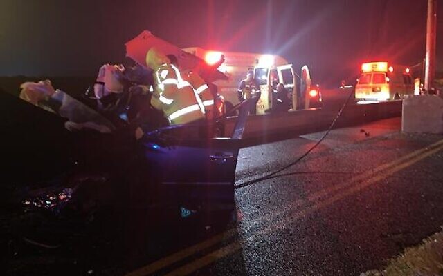 The scene of a traffic accident in southern Israel in which two people were killed on January 19, 2019 (Magen David Adom) The scene of a traffic accident in southern Israel in which two people were killed on January 19, 2019 (Magen David Adom)