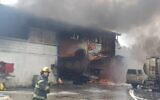 Firefighters at the scene of an explosion at a tanker truck garage in Tamra, January 20, 2020 (Israel Fire Service)