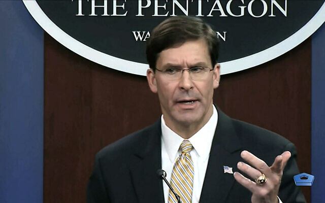 Screen capture from video of US Secretary of Defense Mark Esper talking to the press on Iran and Iraq, at the Pentagon in Washington, January 7, 2020. (divids via AP) Screen capture from video of US Secretary of Defense Mark Esper talking to the press on Iran and Iraq, at the Pentagon in Washington, January 7, 2020. (divids via AP)