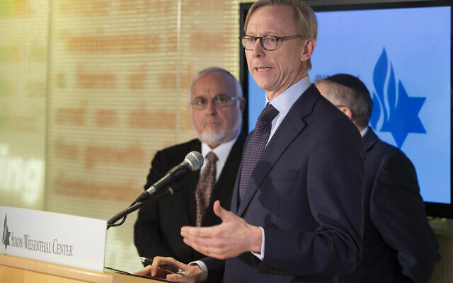 Brian Hook, a US special representative on Iran, takes questions from the media at the Simon Wiesenthal Center in Los Angeles, January 7, 2020. (AP Photo/Damian Dovarganes) Brian Hook, a US special representative on Iran, takes questions from the media at the Simon Wiesenthal Center in Los Angeles, January 7, 2020. (AP Photo/Damian Dovarganes)