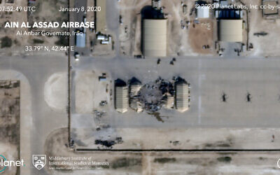 This satellite image provided on January 8, 2020, by Middlebury Institute of International Studies and Planet Labs Inc. shows the damage caused from an Iranian missile strike at the Ain al-Asad air base in Iraq. (Planet Labs Inc./Middlebury Institute of International Studies via AP)