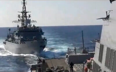 This photo provided by the US 5th Fleet, shows a Russian Navy ship approaching an American warship in the North Arabian Sea, on January 9, 2020. (US 5th Fleet via AP)