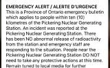 An emergency alert issued by the Canadian province of Ontario reporting an unspecified “incident” at a nuclear plant is shown on a smartphone Sunday, Jan. 12, 2020. Ontario Power Generation later sent a message saying the alert “was sent in error." (Graeme Roy/The Canadian Press via AP)