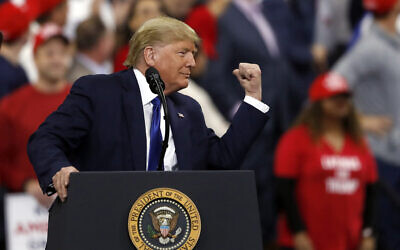 US President Donald Trump speaks at a campaign rally, January 14, 2020, in Milwaukee. (AP/Jeffrey Phelps)