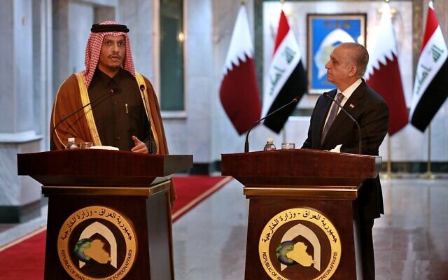 Iraqi Foreign Minister Mohamed Alhahkim, right, holds a press conference with visiting Qatari counterpart Sheikh Mohammed bin Abdulrahman Al Thani in Baghdad, Iraq, January 15, 2020. (Khalid Mohammed/AP) Iraqi Foreign Minister Mohamed Alhahkim, right, holds a press conference with visiting Qatari counterpart Sheikh Mohammed bin Abdulrahman Al Thani in Baghdad, Iraq, January 15, 2020. (Khalid Mohammed/AP)