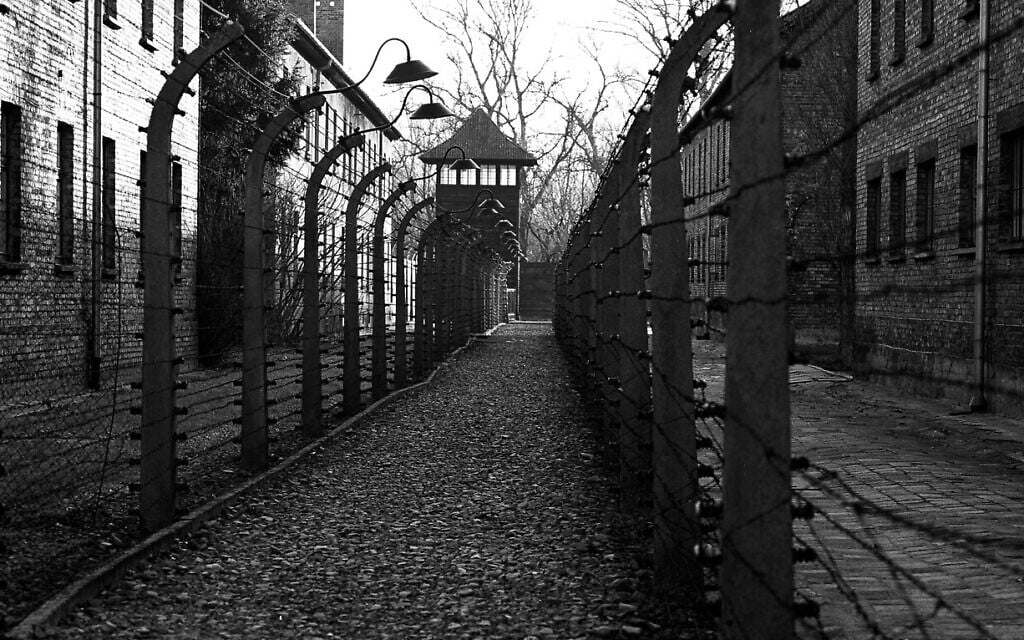 A pathway leading to an observation and security tower between what were electric barbed wire fences inside the former Nazi death camp of Auschwitz I in Oswiecim, Poland, December 8, 2019. (Markus Schreiber/AP)